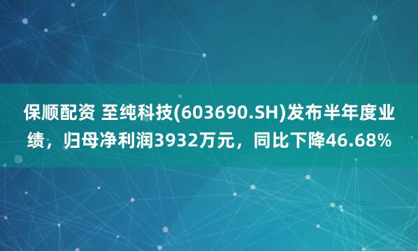 保顺配资 至纯科技(603690.SH)发布半年度业绩，归母净利润3932万元，同比下降46.68%